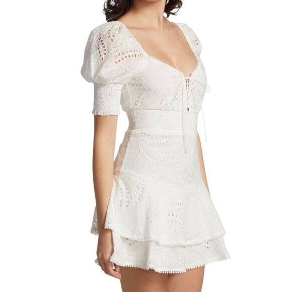 Alice + Olivia White Crawford Sweetheart Eyelet Smocked Mini Dress Size 6 - Picture 3 of 11